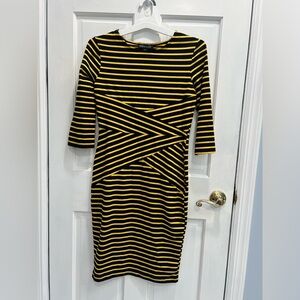 REPHYLLIS NWT Black Yellow Striped CrissCross Bodycon 3/4 Sleeve Dress SZ MEDIUM